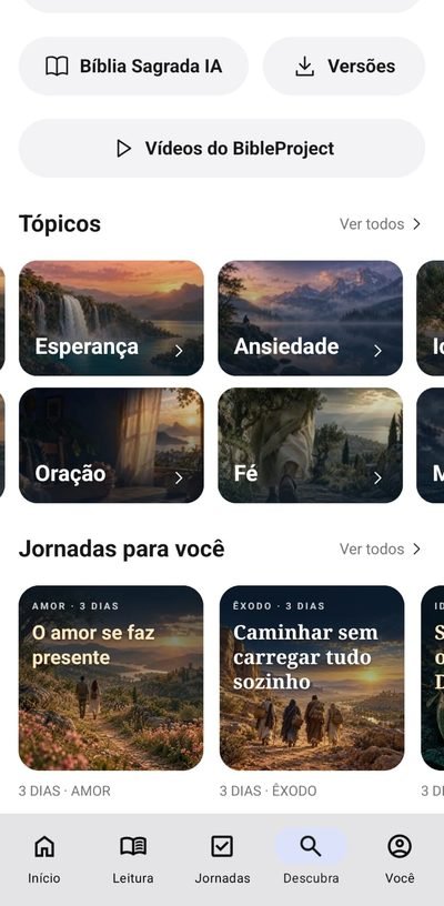 Tela Descubra: tópicos Esperança, Ansiedade, Oração e Fé, e jornadas de 3 dias sobre amor e Êxodo