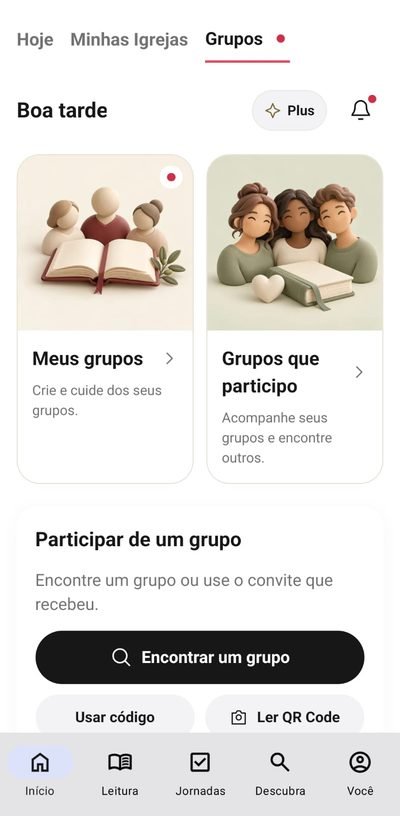 Tela Grupos: cards Meus grupos e Grupos que participo, e a área Participar de um grupo por busca, código ou QR Code