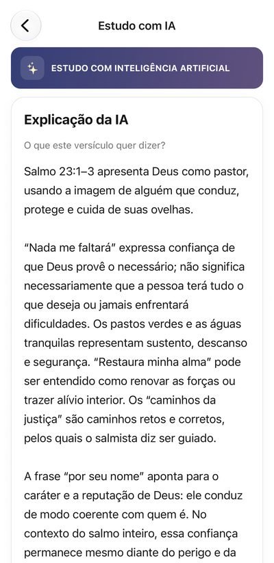 Tela Estudo com IA: explicação do Salmo 23:1–3, que apresenta Deus como pastor que conduz, protege e cuida das suas ovelhas
