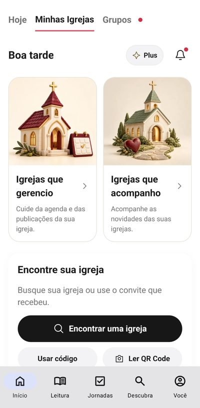 Tela Minhas Igrejas: cards Igrejas que gerencio e Igrejas que acompanho, e a busca Encontre sua igreja por nome, código ou QR Code
