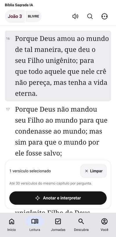 Tela Leitura: João 3 na Bíblia Livre, com o versículo 16 selecionado e o botão Anotar e interpretar